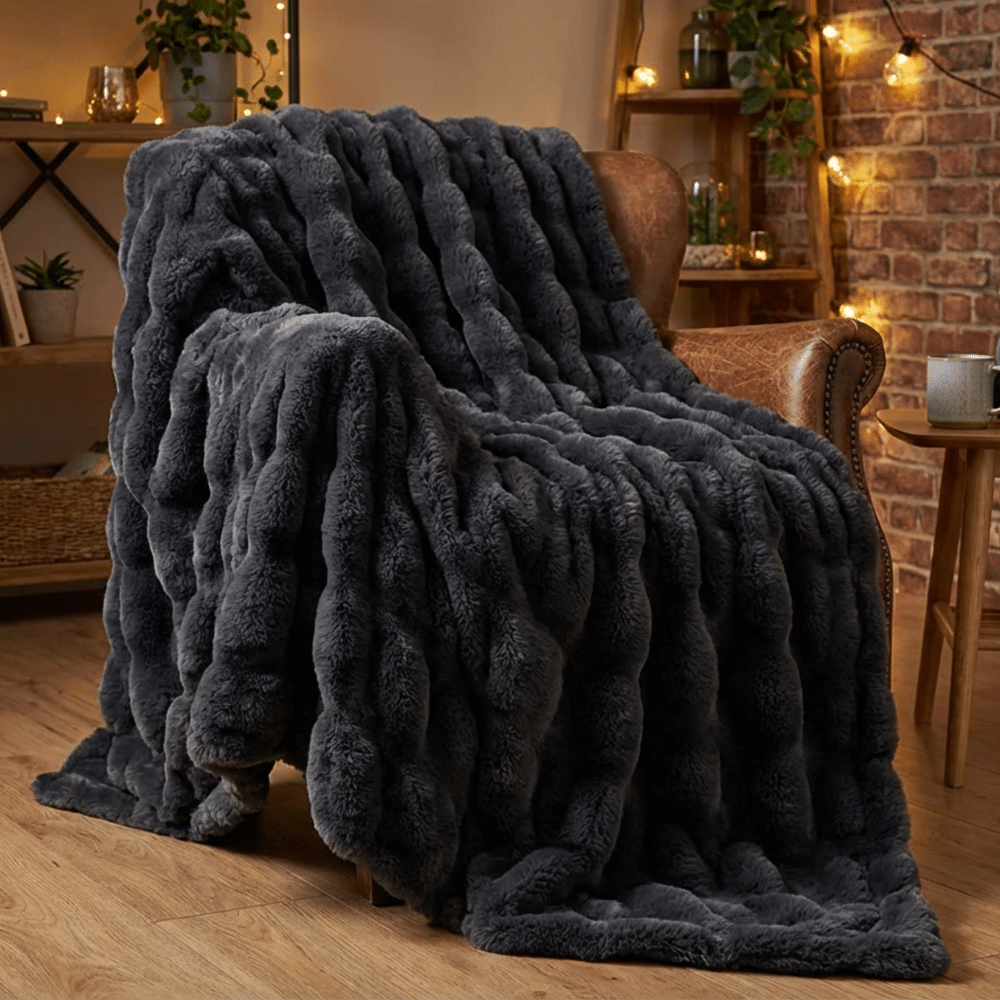 Lunetta Home Deken / Plaid Fake Fur ( Bont ) Bubble Antraciet 150x200 cm Zachte Kwaliteit